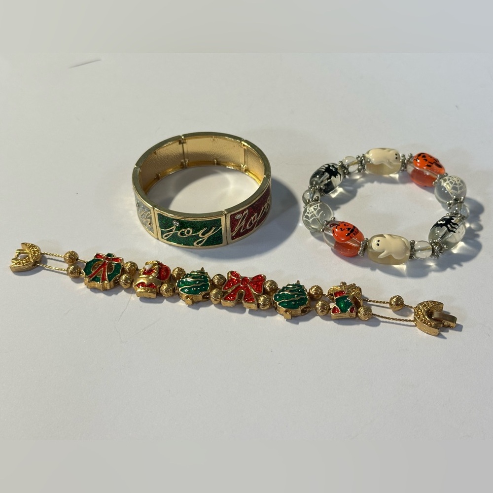 Christmas Holiday Slide Bracelet Lot Halloween Glass Beaded Festive